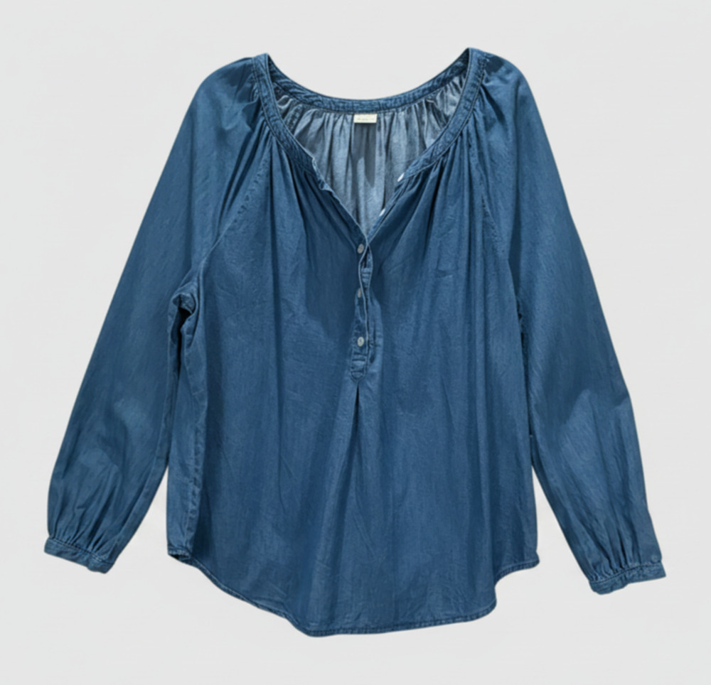 Chambray Popover Shirt Women XXL Blue Denim Tunic Top Henley Style Casual Boho